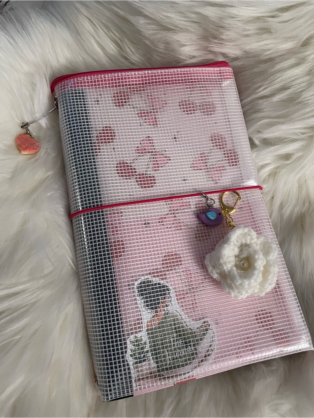 Pink Floral Mesh Zipper Journal midori Pouch with Charms